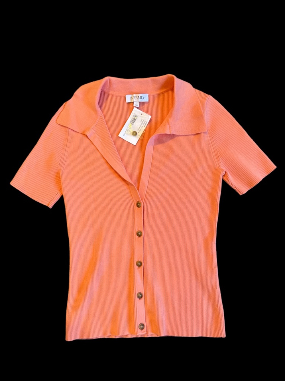 Intermix Coral Ribbed Button-Up Top with Collar